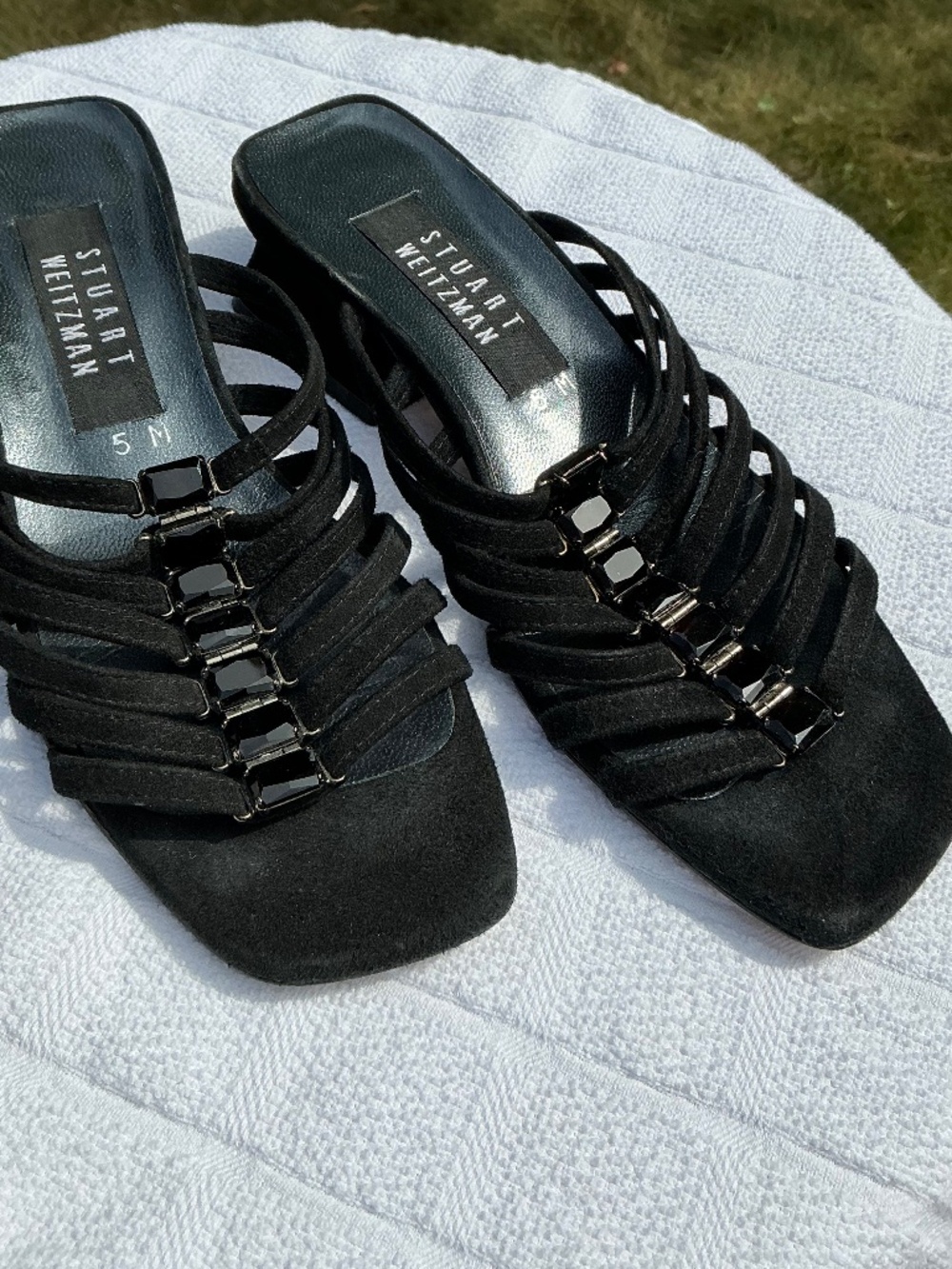 Stuart Weitzman black suede leather strappy beaded sandals size 5M